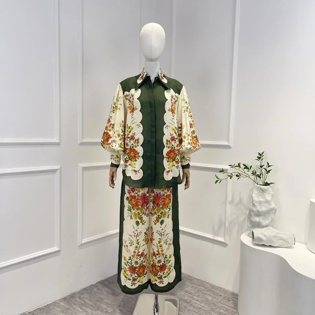 

Green 2023 New Collection High Quality Long Lantern Sleeve Vintage Floral Print Blouse and Loose Wide Leg Pants Set for Woman