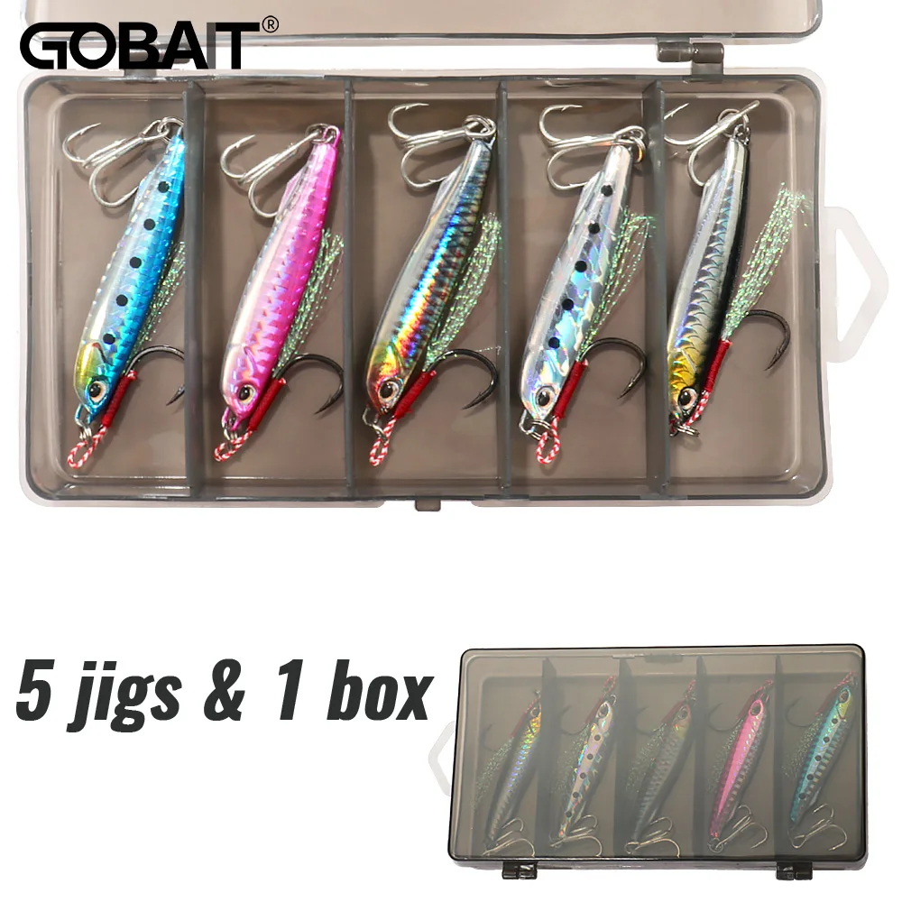 GOBAIT 5 Stück Metall-Jig-Köder-Set, 10 g, 20 g, 30 g, 40 g, sinkender Bleistift, Federhaken, Drillinge, Pesca-Set, Karpfen-Angelgerät-Box, Köder