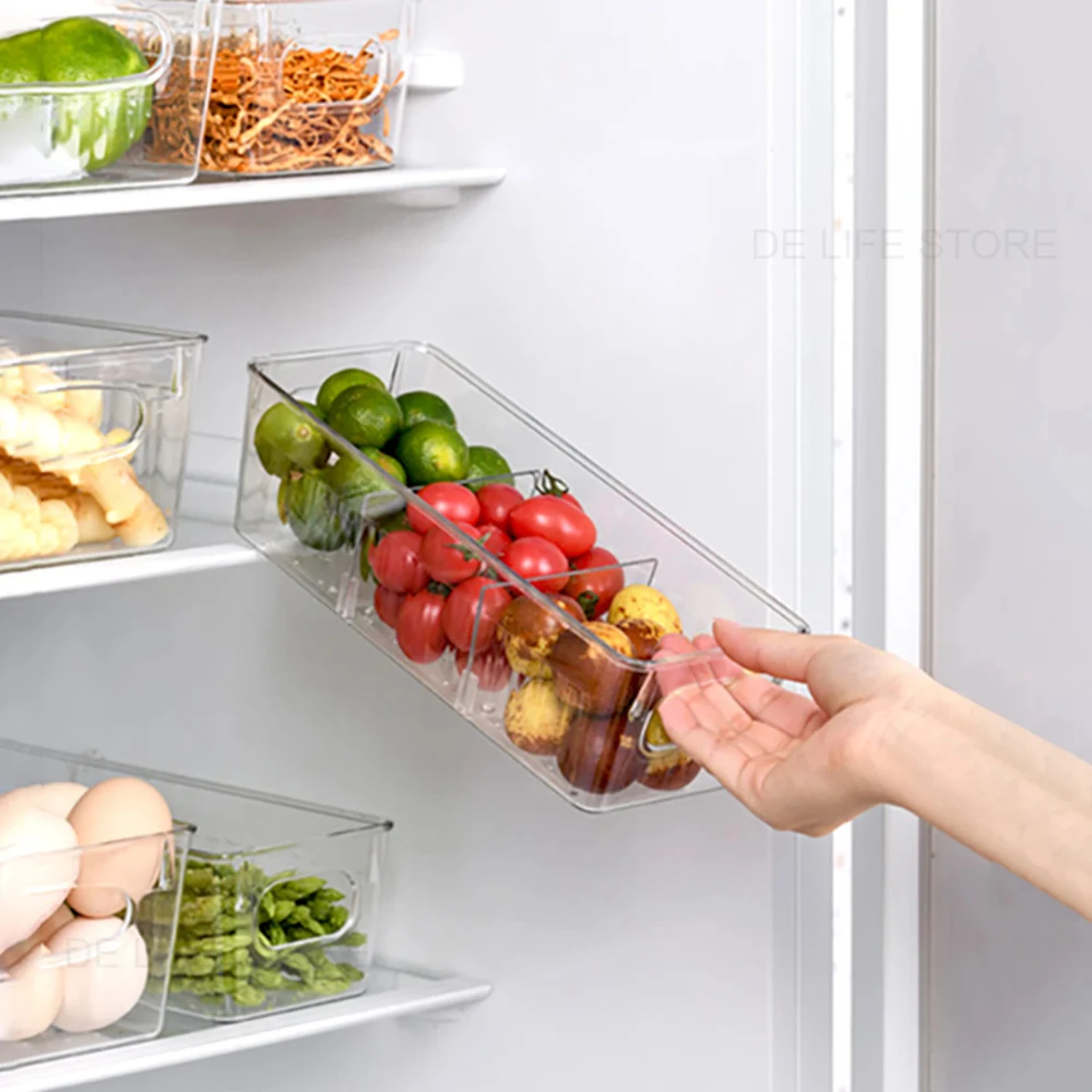 Plastic Refrigerator Food Box Organizer with Divider for Fruits-Kitchen Organization Storage Tray for Fresh Produce and Snacks
