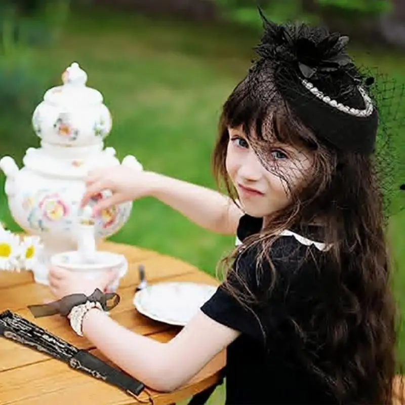 49MF Small Hat Mesh Lace Gloves & Imitation Pearl Necklace Set for Girls, 5 Pieces 20s Vintage Tea Party Accessories Set