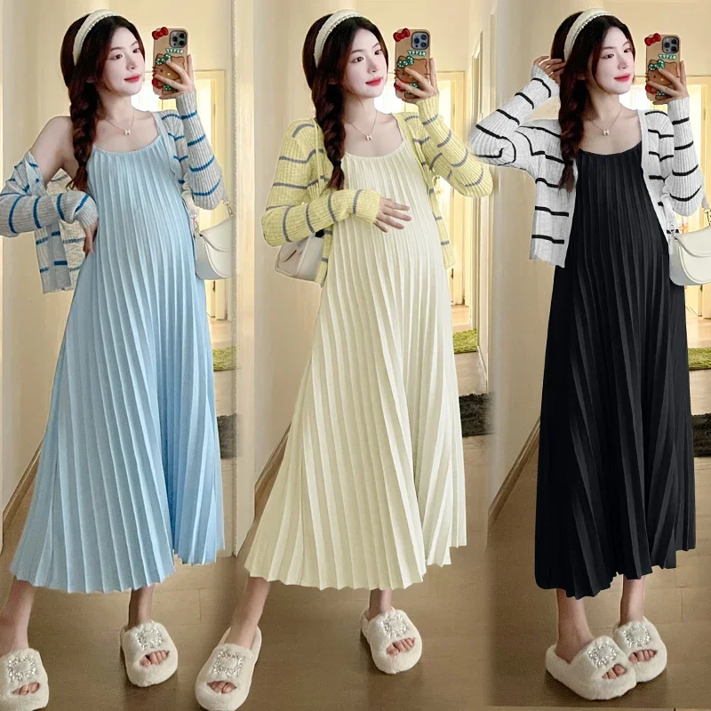 Spring Elegant Maternity Dress Suits Fashion Striped Knitted Shirts Strap Pleated Dress Twinset Pregnant Woman Beach