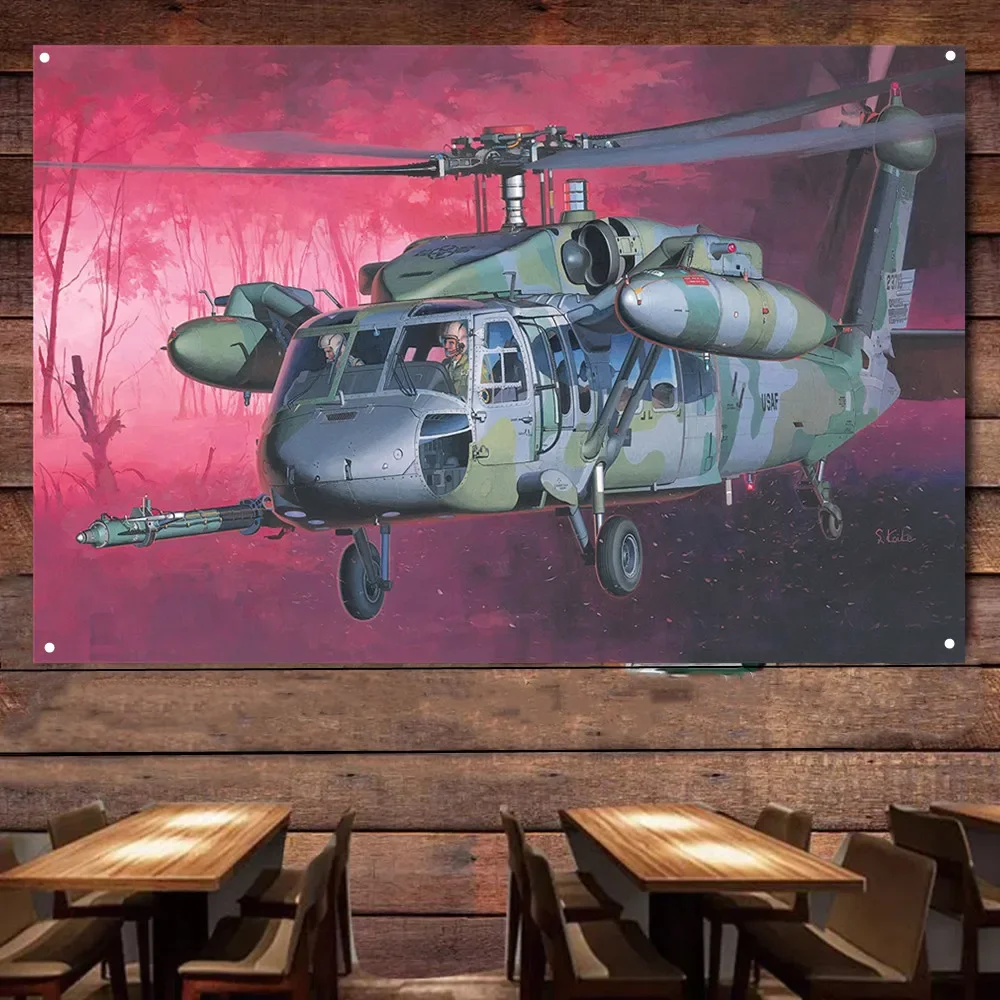 Hh-60D Night Hawk Attack Helicopter Wall Flag, Air Force Wall Art Poster Artwork Banner Con 4 Fibbie Ad Anello In Metallo Pronte Da Appendere