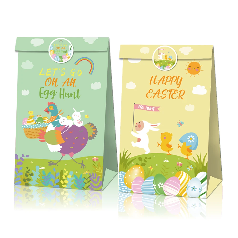 

LB065 12Pcs Cartoon Rabbits Happy Easter Day Party Egg Hunting Birthday Party Candy Packing Kraft Paper Gift Bags Decorations