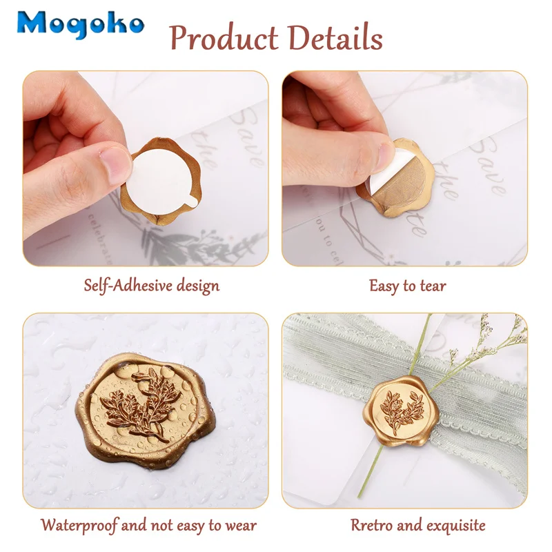 Description Picture 6 of itemMogoko New Wax Seal Sticker Envelope Seal Stickers Envelope Seals Self Adhesive Bronzed Gold Stickers for Wedding Party Birthday