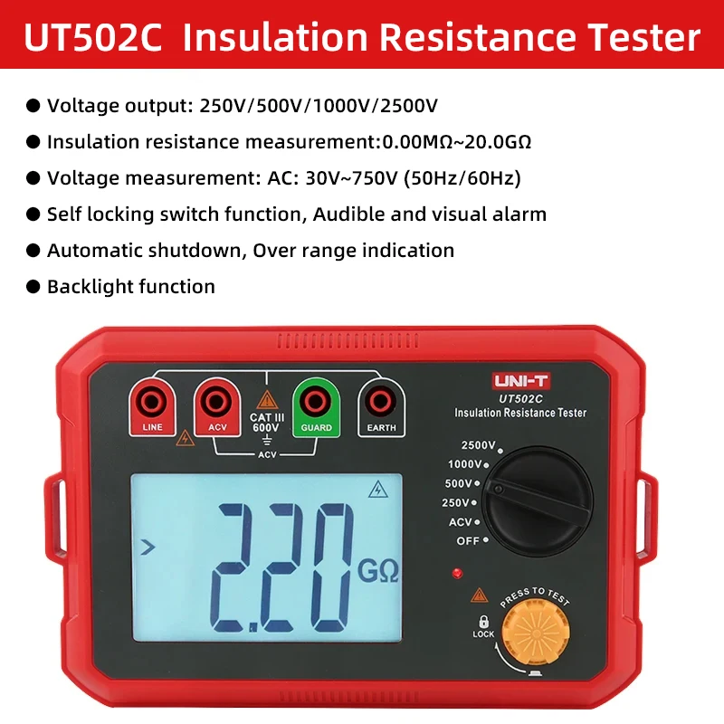 UNI-T UT501A UT501C UT502A UT502C Insulation Resistance Tester Megohmmeter 1000V 2500V Ohm Meter Megometer Digital Ohmmeter