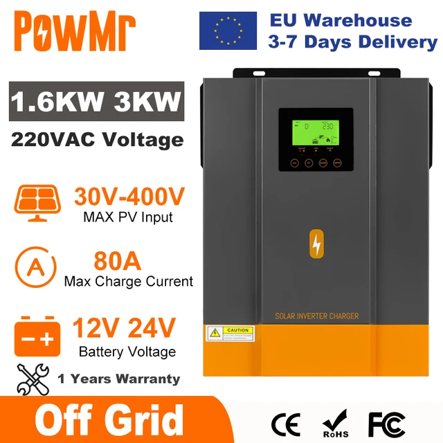 PowMr 1600W 3000W Hybrid Solar Inverter 12V 24V 220V Pure Sine Waveอินเวอร์เตอร์ 1.6KW 3KWพร้อมMPPT 80A Solar Charger Controller 1