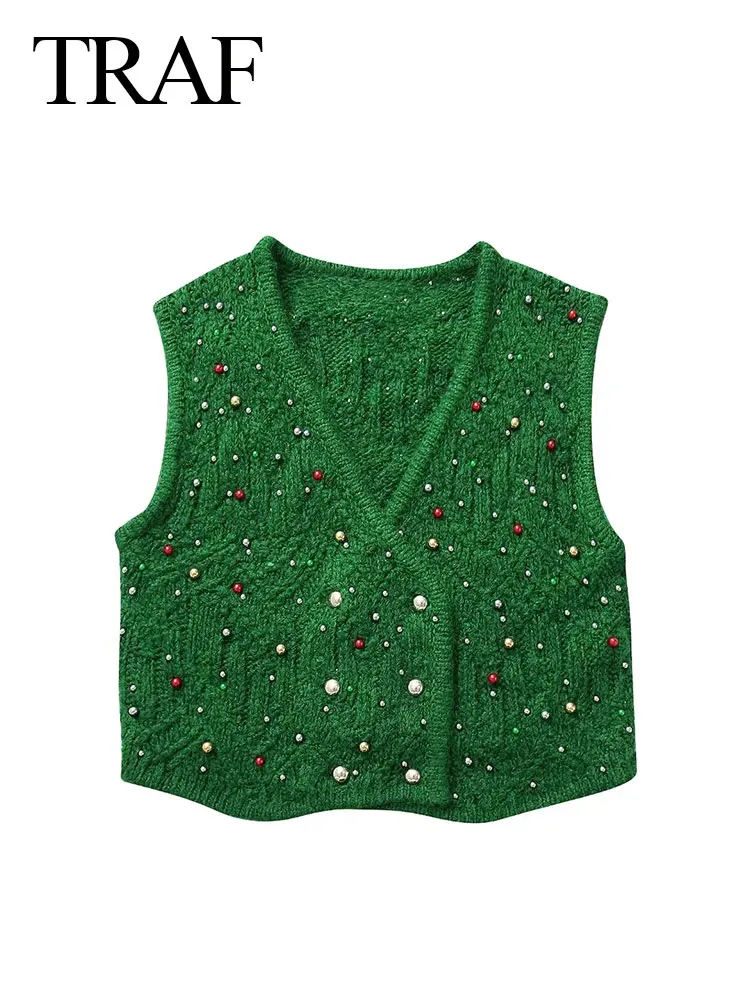 

TRAF Spring Retro Women's Knitted Vest Fashionable V-Neck Artificial Pearl Decorated Sleeveless Women's Slim Vest Cropped Top