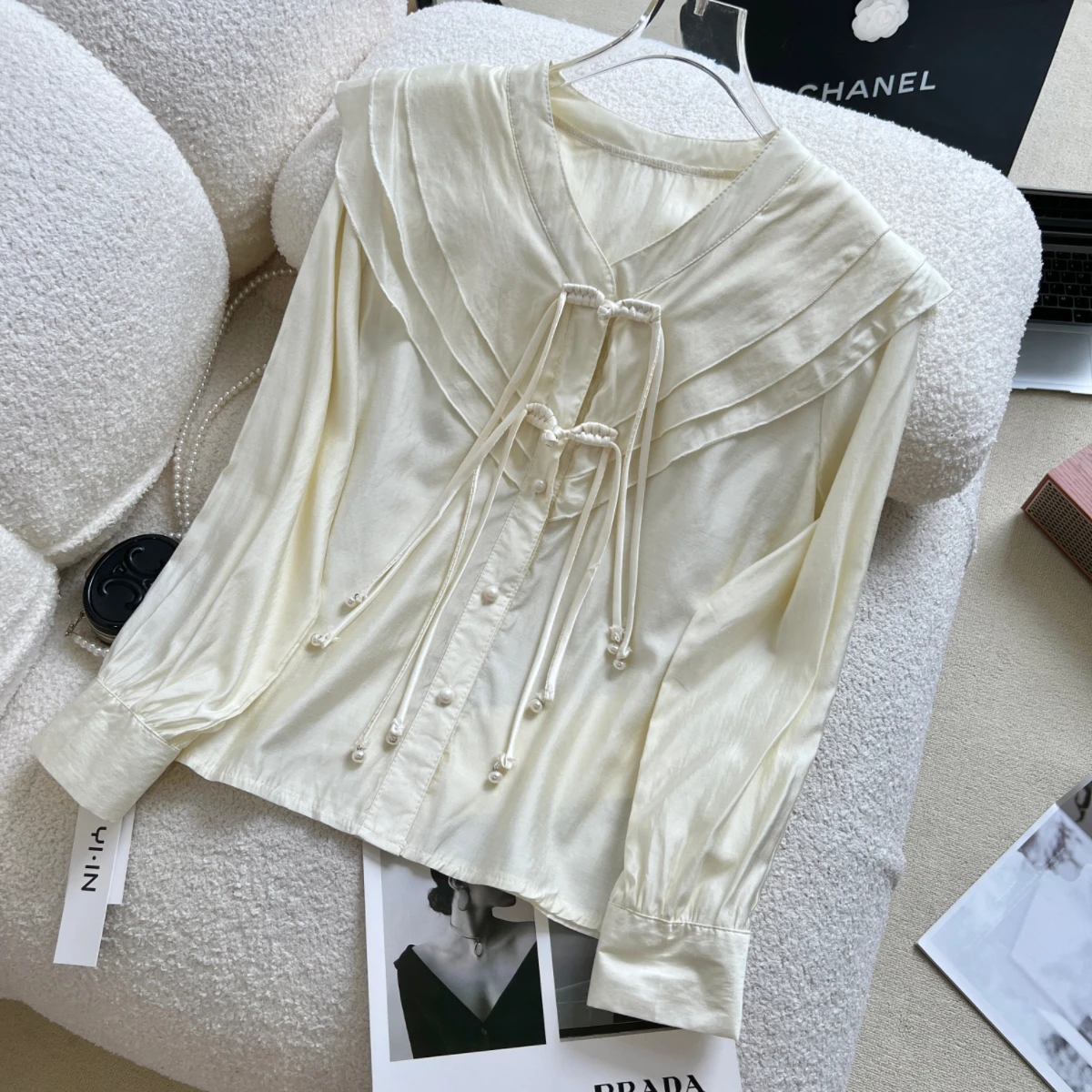 

women chic beautiful shirt spring new gentle v-neck ruffled long-sleeved shirt women's solid color casual sweet top