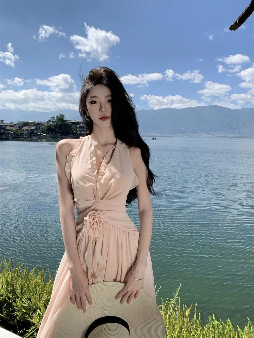 Summer New Ruffles A-line Long Dresses for Women Halter Backless Holiday Seaside Party Dress Korean Fashion One Piece Vestido