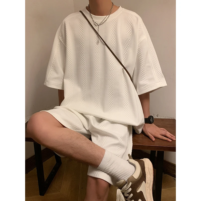 

Waffle Sports Suit Unisex Summer Japanese Style Short-sleeved Shirt + Korean Shorts Casual Handsome 2 Piece Set 5XL