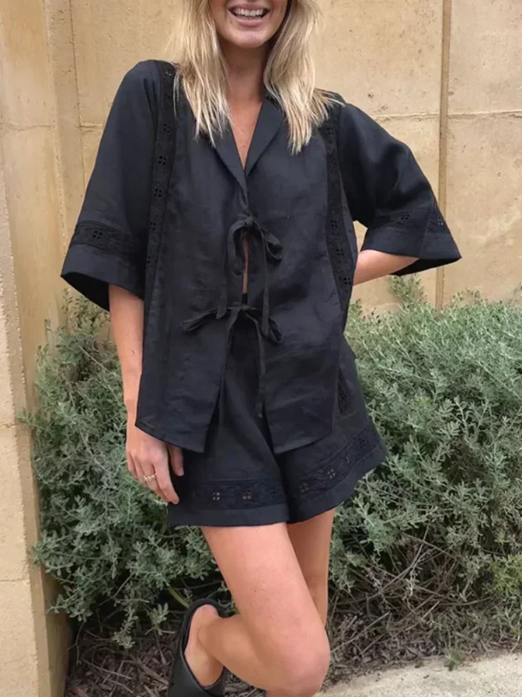 Solid Hollow Out Lace-up Short Sleeves Shirt Suits Women Causal Loose High Waist Shorts Sets 2024 Summer Lady Holiday Streetwear