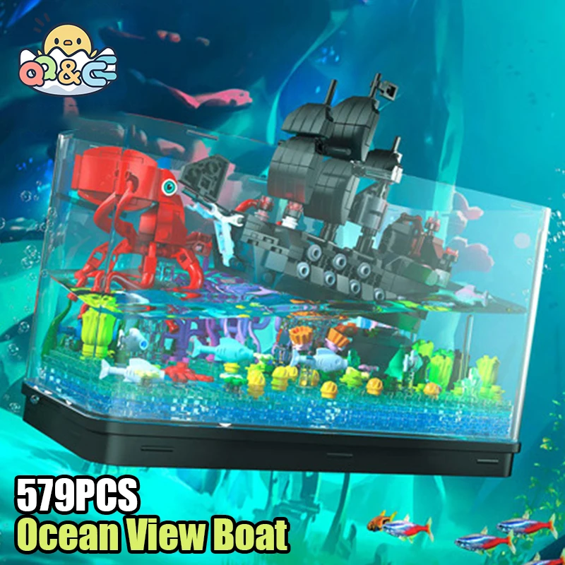 

579PCS Fish Tank Building Blocks Creative Ocean View Boat Iceberg Assembly Model Bricks With Light Children's Toys Gifts