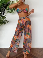 2025 Print Three Piece Bikini With Long Pants Swimsuit Women Swimwear Female Bather Bathing Swimming Swim Suit Beachwear