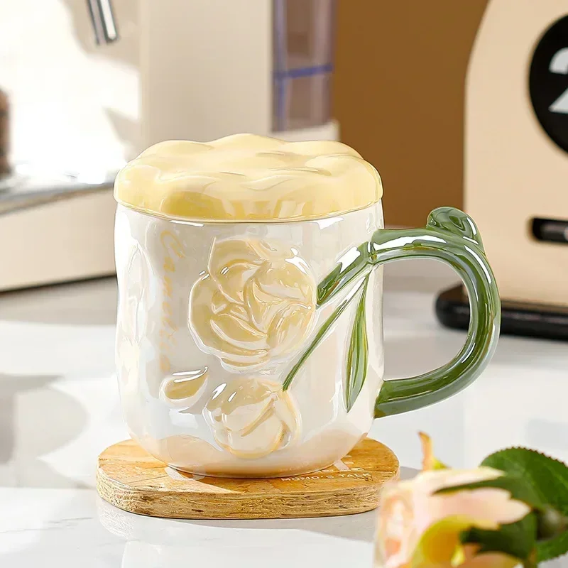 Ceramic Relief Rose Flower Mug for Coffee Tea