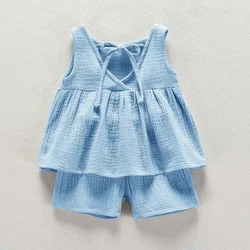 Summer Muslin Cotton Baby Girls Sleeveless Outfit Set - 2-Piece Vest Dress and Shorts in Fashionable Design - (S) 6-12M (SKY BLUE)