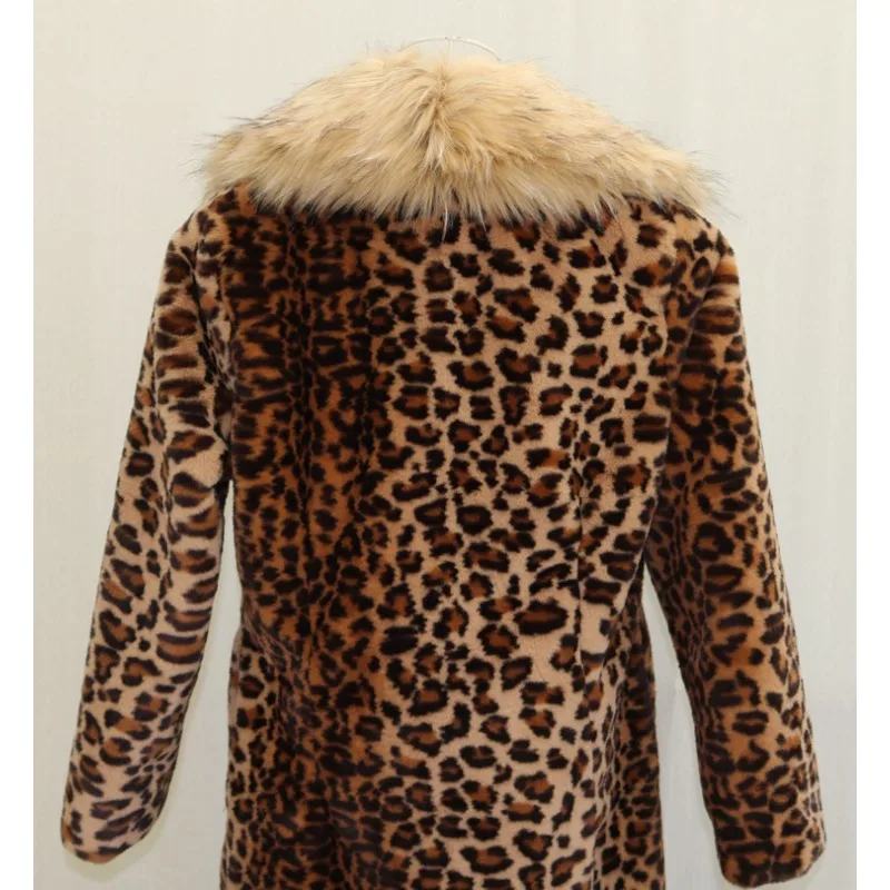 Luxury Brand Long Fur Coat Women Large Size Faux Fur Jacket Leopard Print Big Fur Collar Windbreaker Women Clothing High Quality