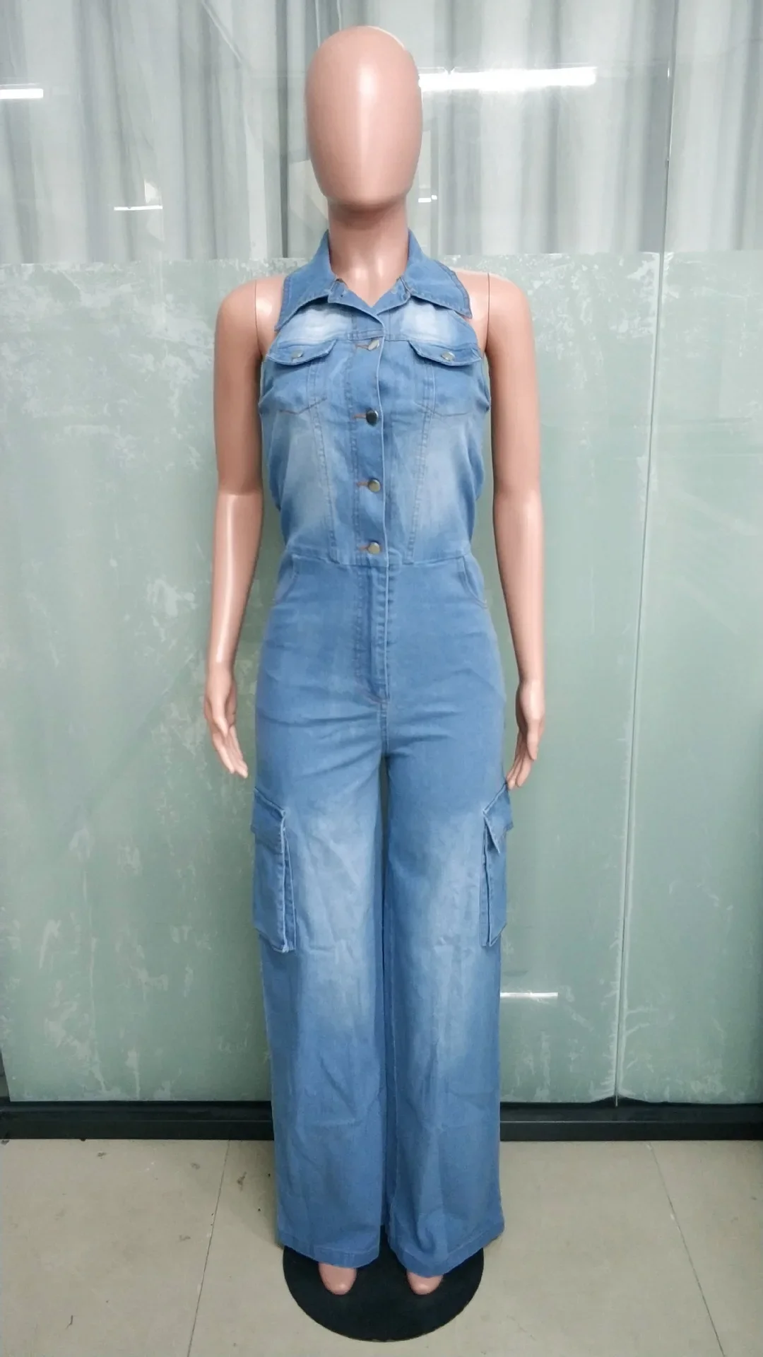 Women V-neck Sleeveless Pockets Cargo Wide Leg Denim Jumpsuits Washed Oufits Street One Piece Rompers 2024 Summer
