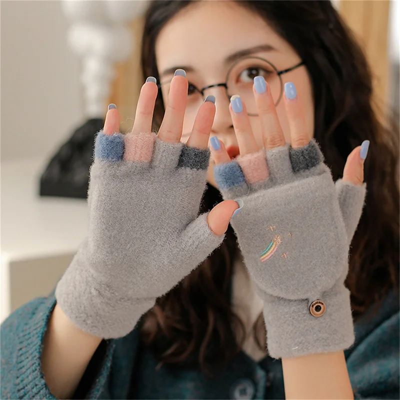 

Women Men Gloves Winter New Knitted Flip Half Finger Student Writing Riding Warm Thickened Gloves Comfortable Soft