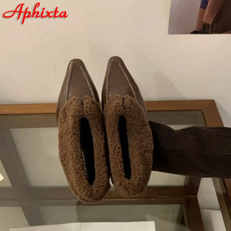 Aphixta Soft Furry Loafers Warm Flat With Women Shoes Slip On Sewing Casual Pointed Toe Flats Short Plush Autumn Winter Loafers