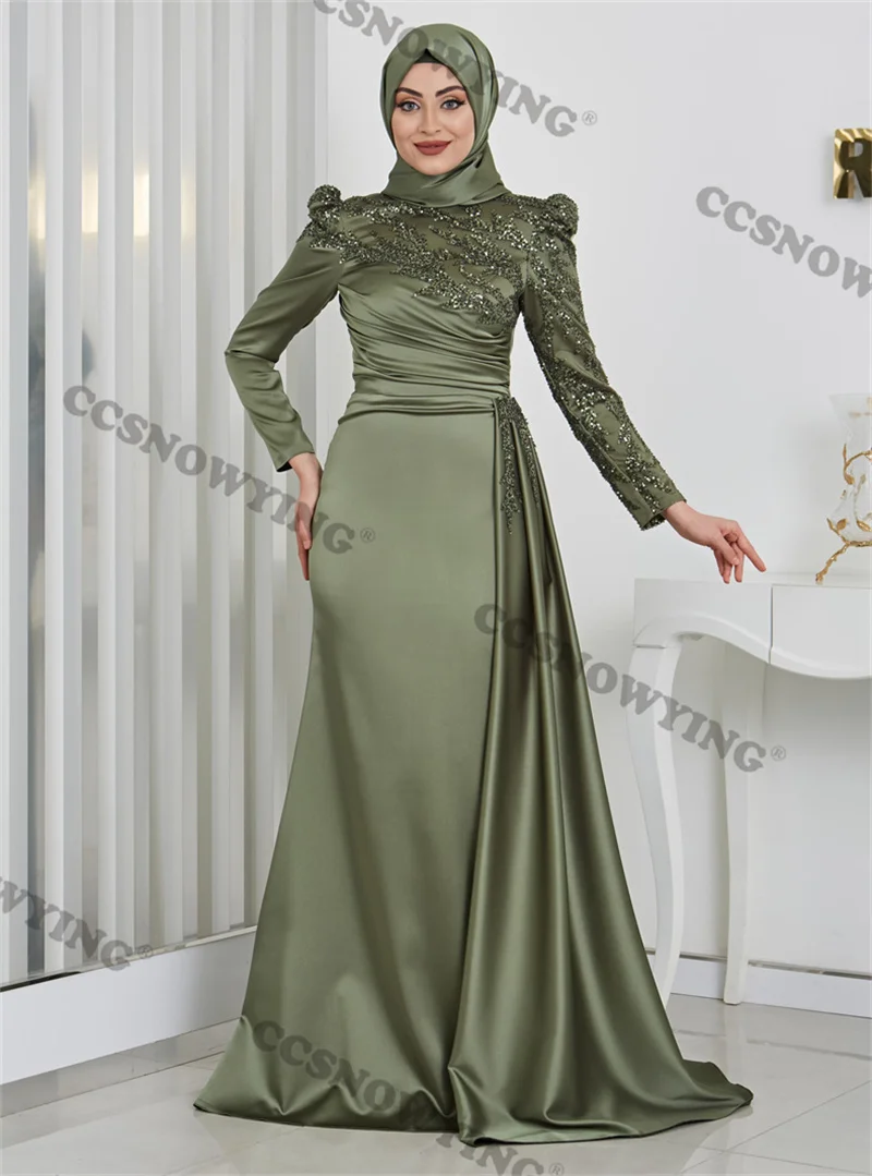 

Sheath Appliques Beaded Muslim Evening Dresses Long Sleeve Islamic Formal Party Gowns High Neck Women Arabic Robes De Soirée