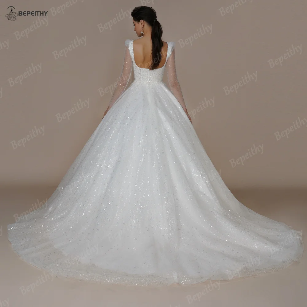 BEPEITHY Customized Shinny Square Bride Wedding Dresses For Women Long Sleeves Glitter Open Back Bridal Modern Ball Gown 2023 6