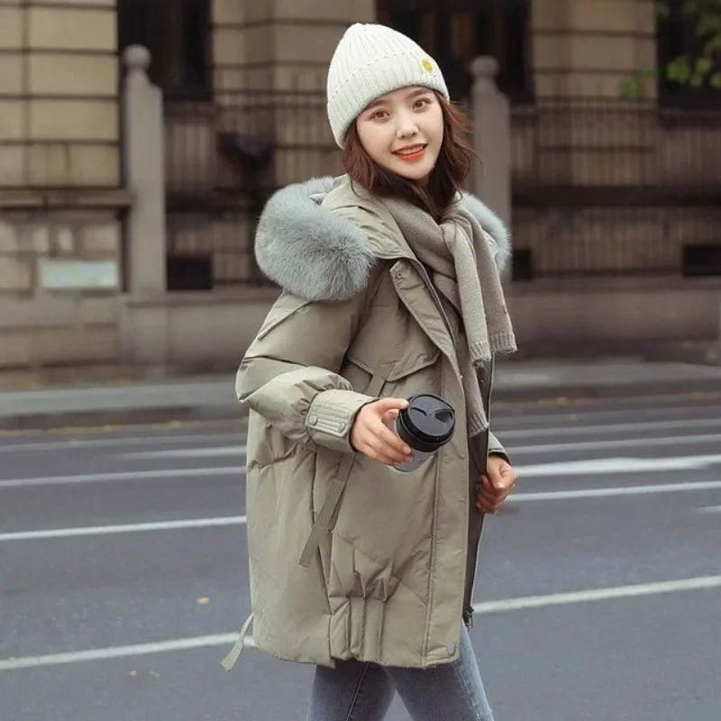 2024 New Women Down Jacket Winter Coat Female Mid Length Version Parkas Loose Slim Fit Thick Outwear Hooded Fur Collar Overcoat