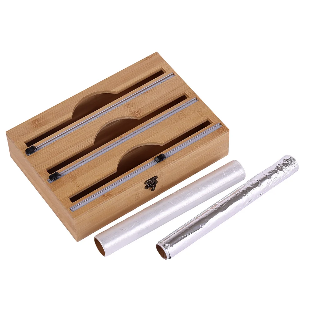 Food Film Dispenser Cling Wrap Dispenser Kitchen Wrap Dispenser Plastic Wrap Dispenser 3 In 1 Bamboo Wrap Dispenser Storage For Aluminum Foil With Cutter Cling Film Holder Kitchen Accessories Organizer