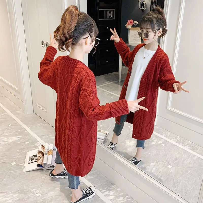 

Вязаные свитеры для девочек X-long, винно-красный, хаки, бежевый кардиган, Новое поступление 2023, зимняя хлопковая одежда, повседневные топы, корейский стиль