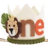 1 Year Old Kids Avocado Green Lion Birthday Crown First Baby Party White Non Woven Safari B 1
