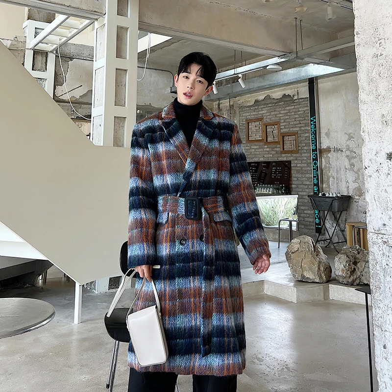 High Grade Men's Plaid Medium Length Woolen Coat Lapel Long Sleeve Belt Men Streetwear Fashion Vintage Casual Thick Trench Coats
