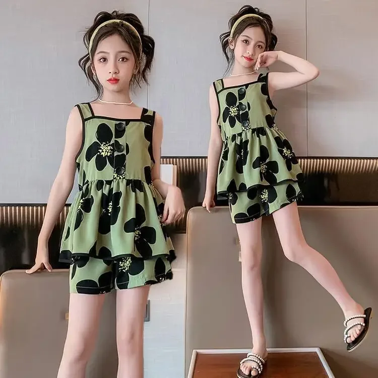 

Girls Summer Clothing Set Chiffon Children Sleeveless Suit Kids Clothes 2Pcs 2024 New Casual Sport Suit Vest+Shorts for 3-12 Y