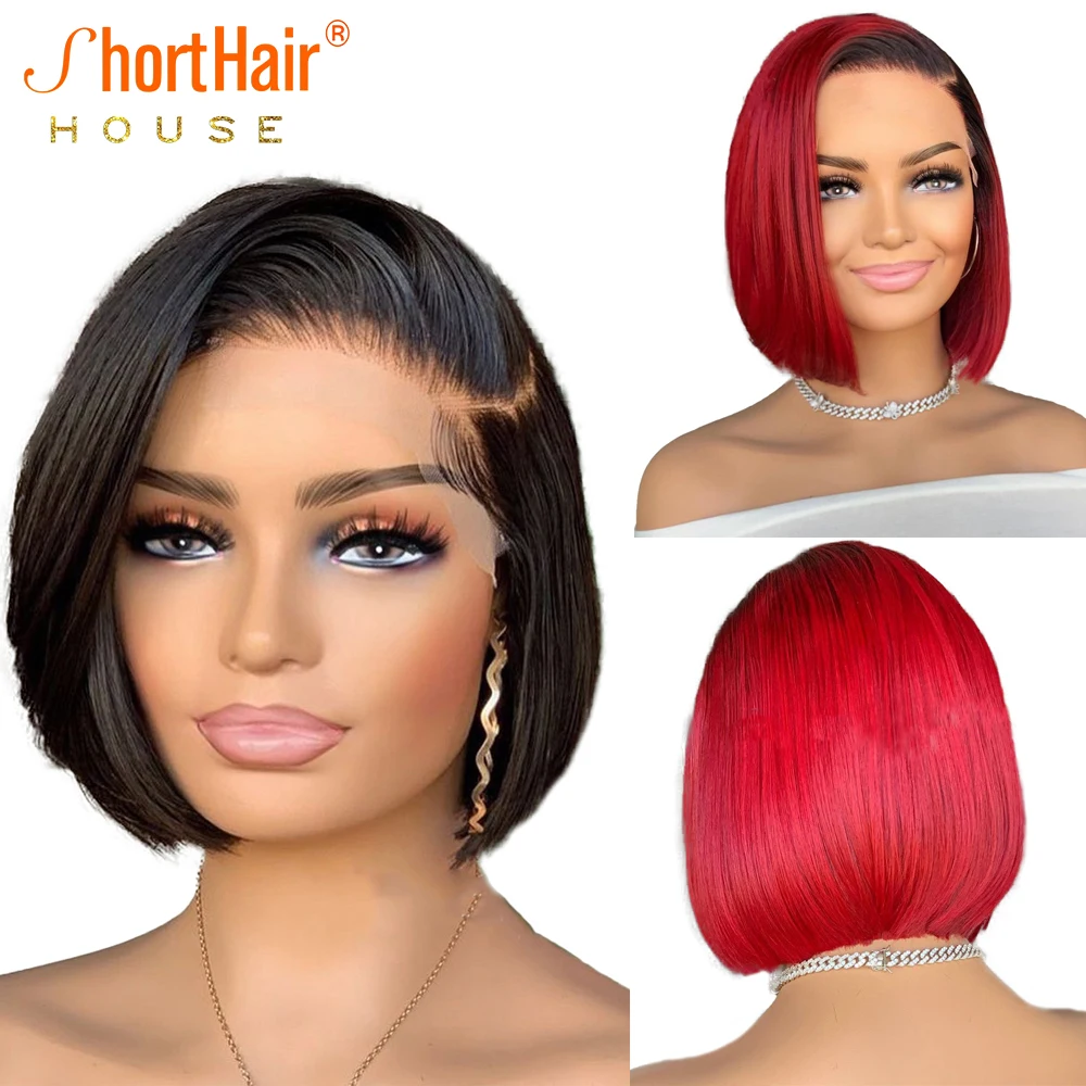 Black Red Pixie Cut Wig Short Bob Wigs Straight Human Hair Wigs For Women 13x413x6 Lace Front Wig Side Part Transparent Lace