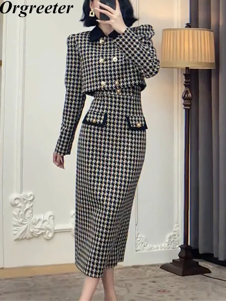 

New Arrival Vintage Houndstooth Woolen Cropped Blazer Dress Set Women Elegant Short Jacket &Strapless Dress Tweed 2 Piece Set