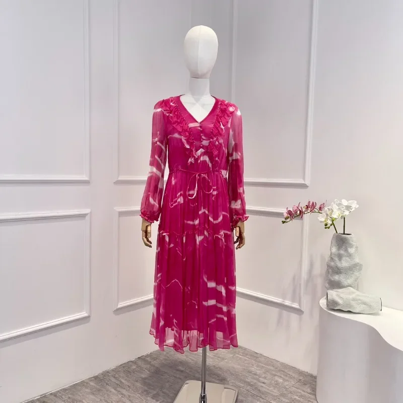 

Early Spring 2024 High Quality Woman Holiday Style Floral Print Floucing Long Sleeve Big Size Drawstring High Waist Midi Dress