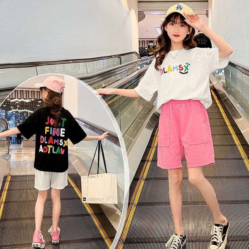 

Girls Summer Tracksuit Multicolor Letter Pattern T Shirt+Shorts Kids Korean Sets Fashion Children Outfits 4 6 8 9 10 12 13 14 Y