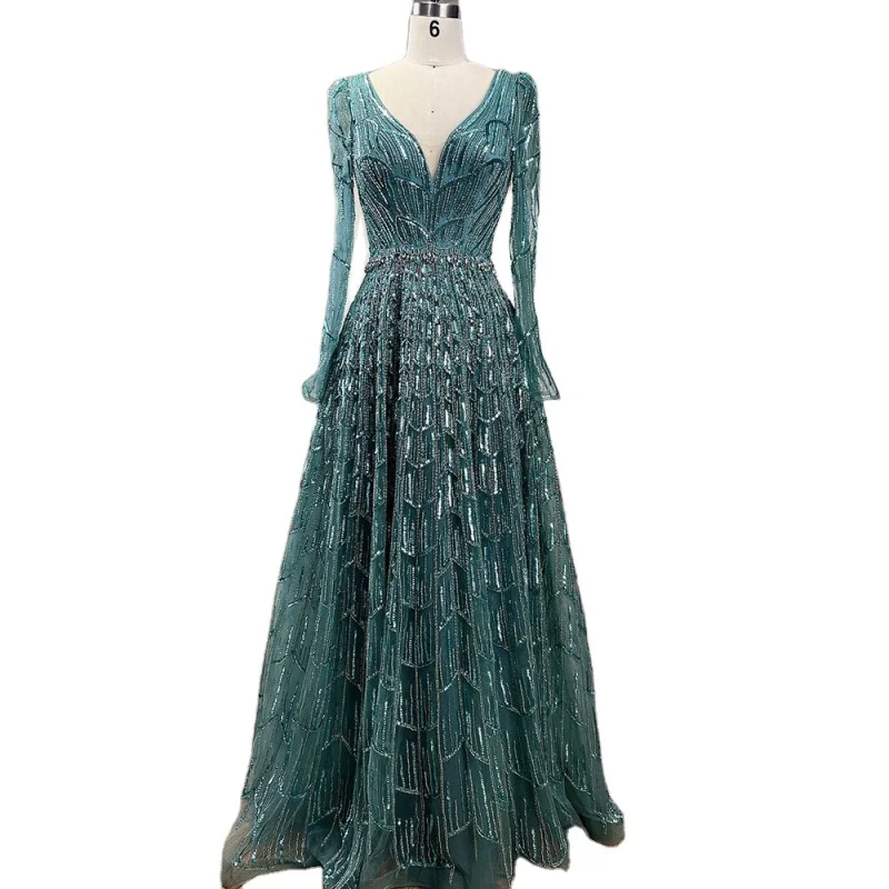 

Turquoise Long Sleeves Luxury Beaded A Line Evening Dresses 2023 Wedding Party Gowns For Women