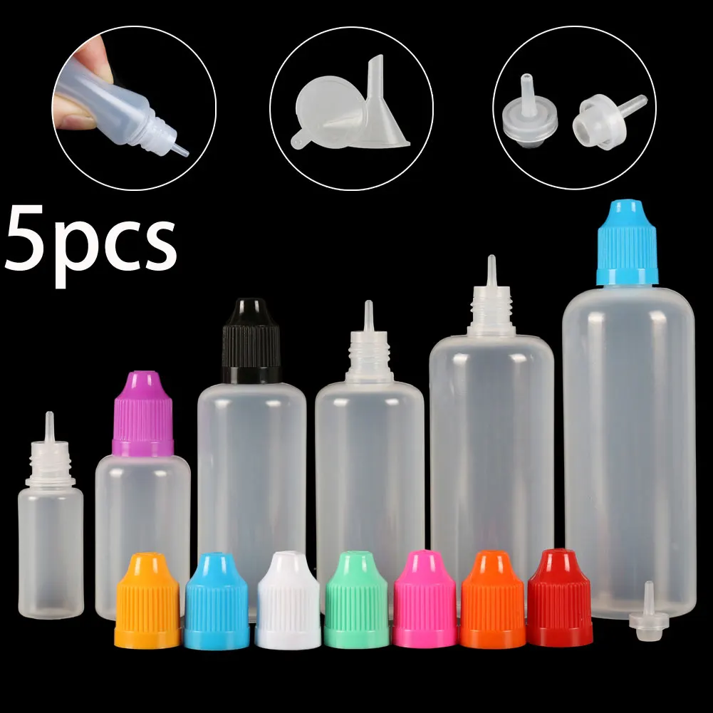 5pcs LDPE Plastic Liquid Water Squeezable Eye Vape Juice Dropper Empty Bottles with Child Resistant Cap (Bottles + Caps + Tips)