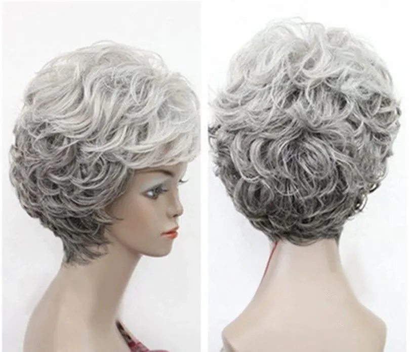 

Free Shipping New Charm Women’s Grandma Hairpieces Mixed Grey Curly Lady Wigs
