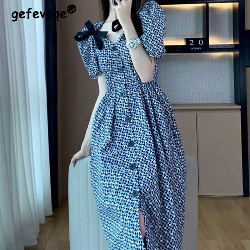 CasualFashionPrintingButtonBowBeltDressesSummer2023NewShort