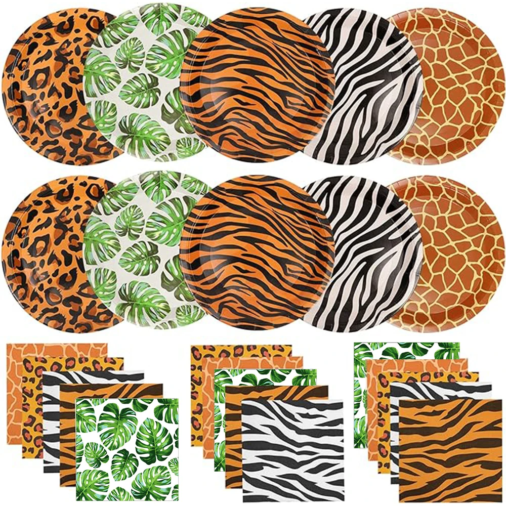 

8/20Pcs Safari Animal Palm Tiger Leopard Print Napkins Plates Jungle Birthday Summer Wedding Party Decorations Hawaii Supplies