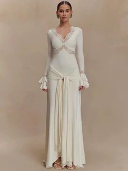 Robe maxi dentelle femme col V dos nu manches longues