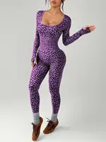 Spicy girl style leopard print tight jumpsuit for slimming, hip hugging, U-shaped collar, long sleeved elastic jumpsuit - Image 2