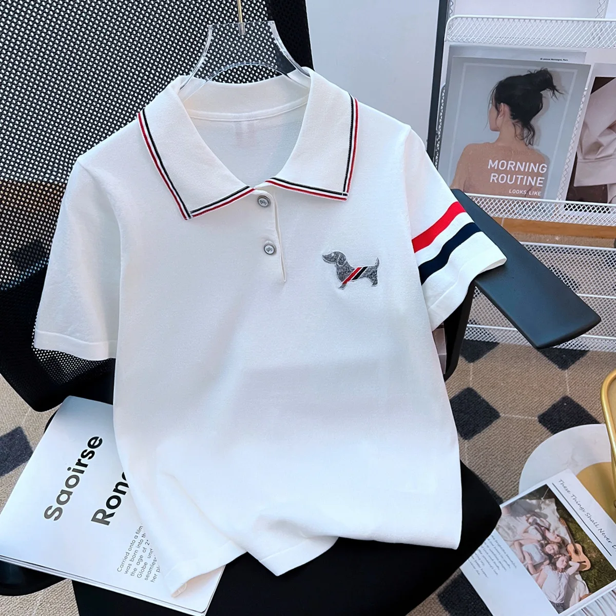 

Summer White Tees Turn-Down Neck Preppy Tees Ribbon polo Collar Short-sleeved T-shirt Loose Pullovers кофта женская