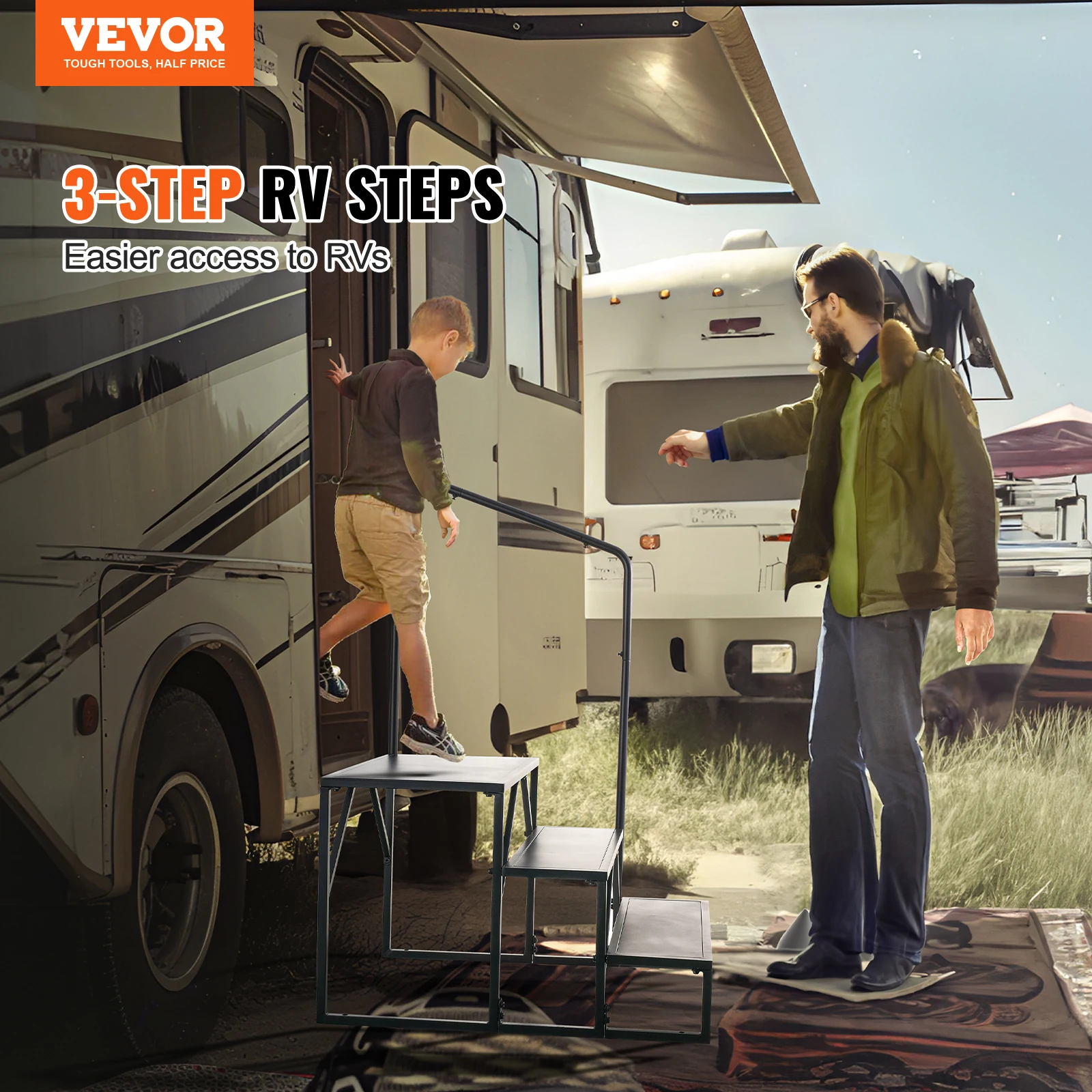 VEVOR RV Steps 3-Step RV Stairs 440 LBS Load Capacity Thickened Carbon Steel With Handrail Non-Slip Steps for Safe Entry Exit