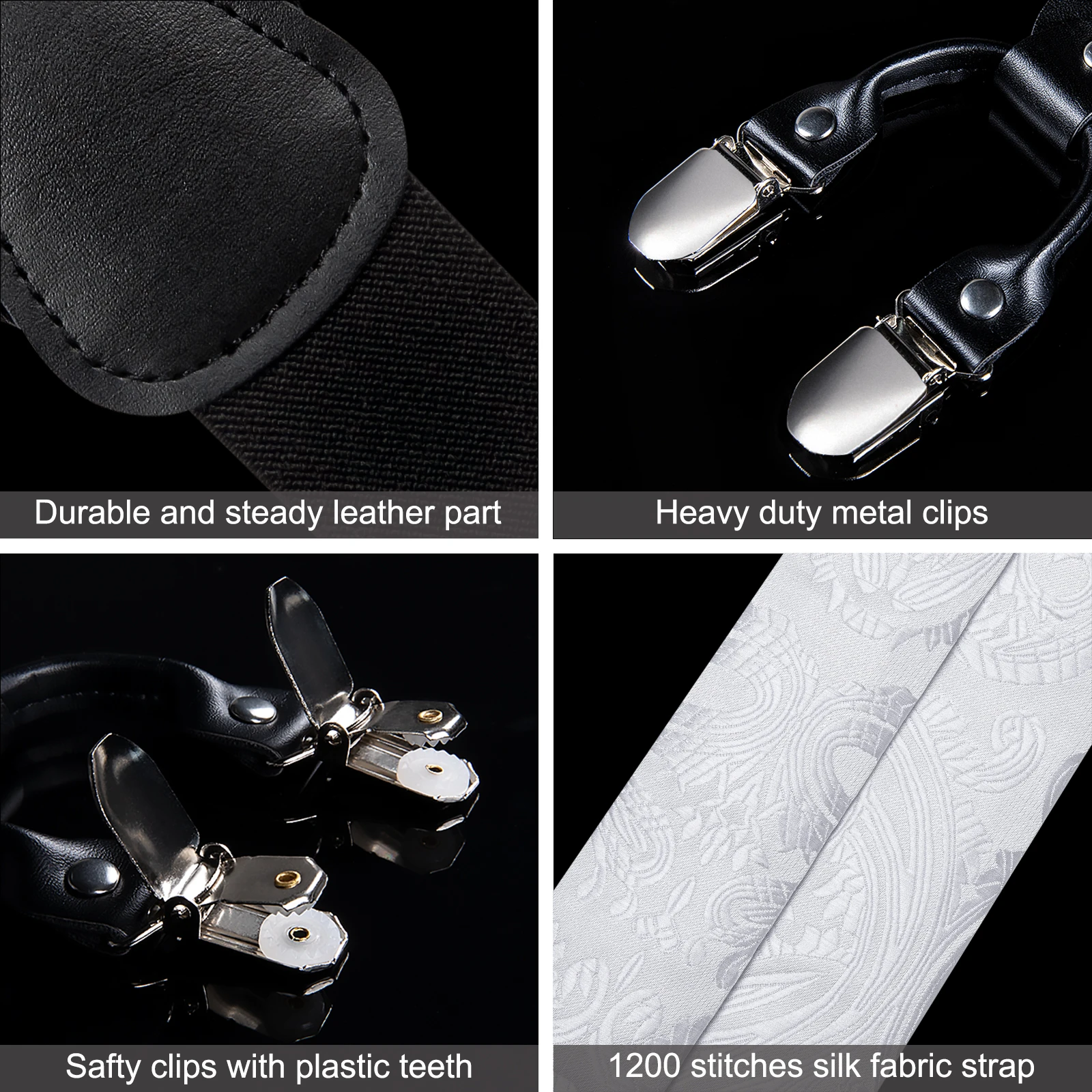 Luxury White Men's Suspenders Adjustable 6 Clips Braces DiBanGu Leather Metal Pre-Tied Bow Tie Brooch Pocket Square Set