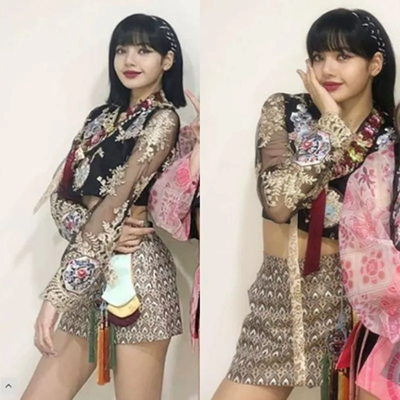 

KPOP Korean Celebrity embroidery perspective short long-sleeve shirt blouse tops+sexy slim A-line mini skirt women Two piece set