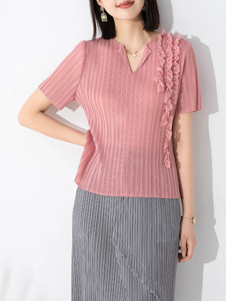 

Short-sleeved T-shirt women casual loose beaded solid color pleated top