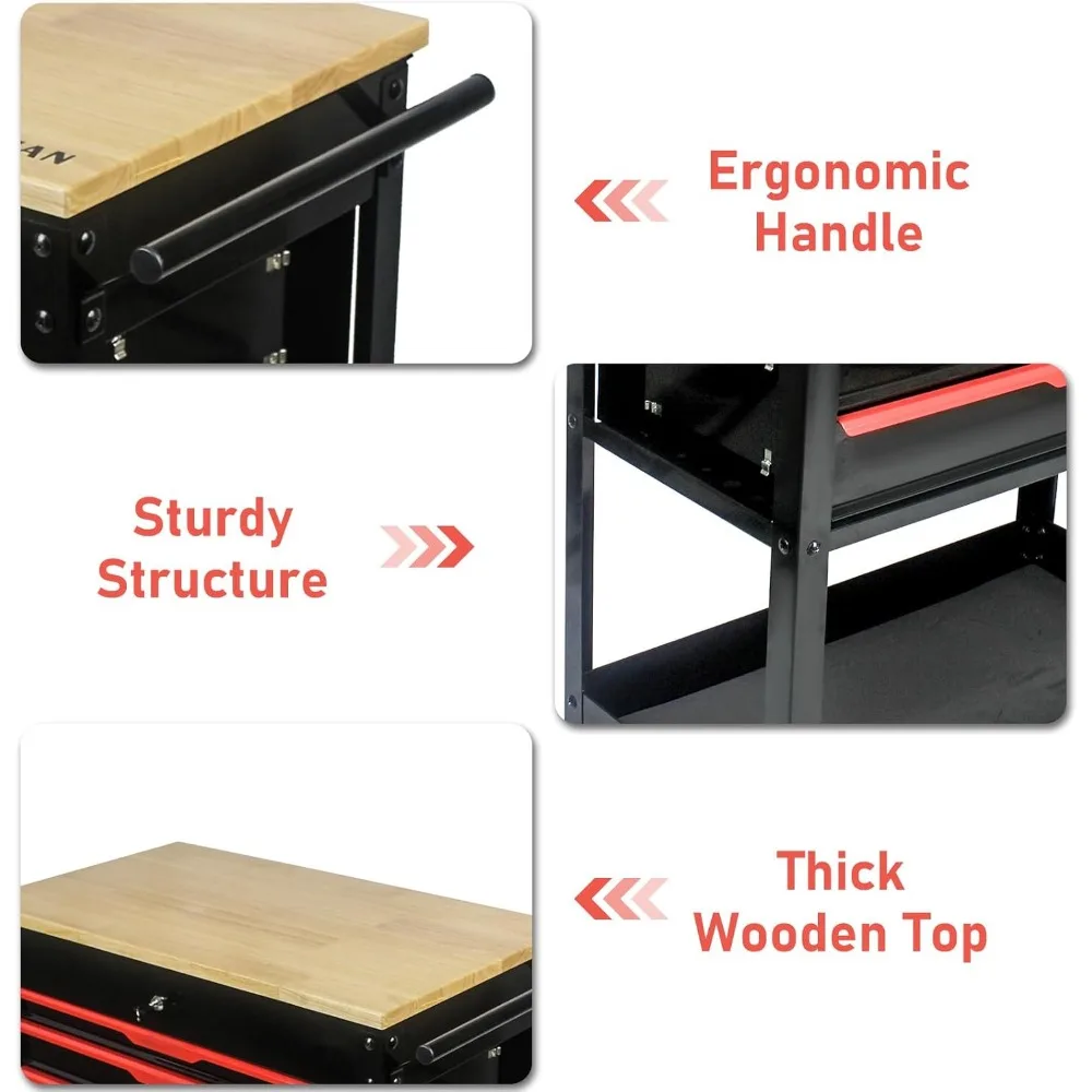 3-Drawer Rolling Tool Chest Cabinet, 38-Inch Tool Box, Multifunction Tool Cart with Wheels and Wooden Top, Drawer Liner, Mobile 4