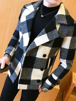 High Quality Men's 4XL 5XL Brand Clothing Leisure Plaid Woolen Slim Fit Long Sleeve Button up Casual Suit for Autumn