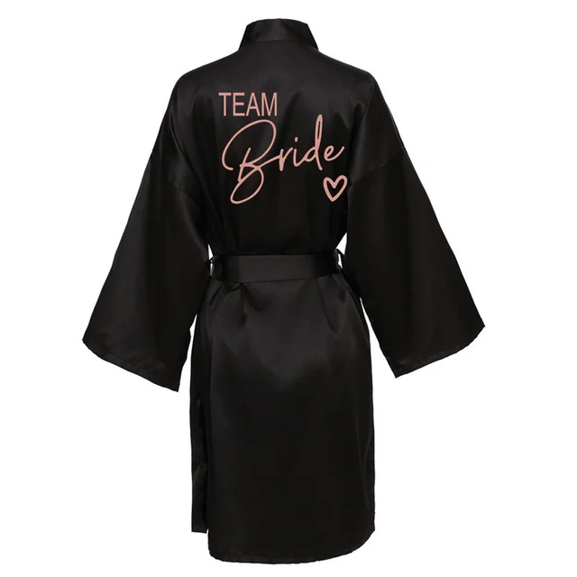 Wedding Party Team Bride Robe With Black Letters Kimono Satin Pajamas Bridesmaid Bathrobe SP003 Black4